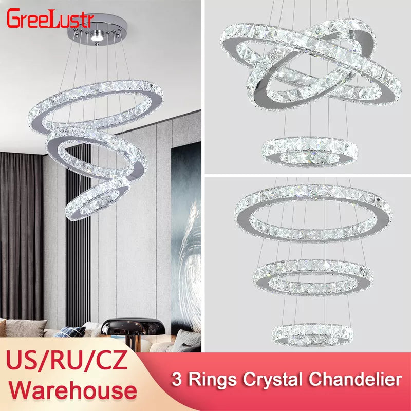 Nirontek Luxury Rings Chandeliers For Dining Room Stainless Steel Modern Home Decor Hanging Lighting K9 Crystal Light Ceiling Chandeliers