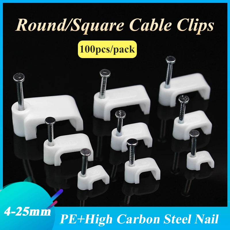 100pcs Plastic Cable Clip Wire Cord Fastener Telephone Line Tie Fixer Organizer Wall Clamp (white)