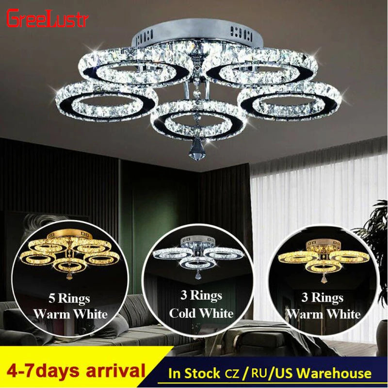 Nirontek 5 Rings Crystal LED Chandelier Ceiling Light Stainless Steel Lustre Cristal