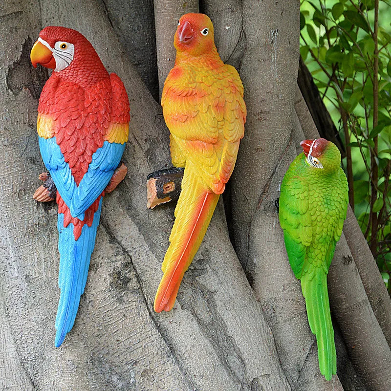 Resin Parrot Statue Wall Mounted DIY Outdoor Garden Tree Decoration Animal Sculpture For Home Office Garden Decor Ornament