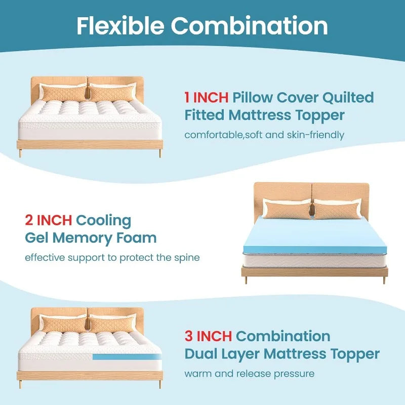 Pillow Top Mattress Topper, 3 Inch Dual Layer Mattress Topper, 2 Inch Gel Memory Foam and 1 Inch Cooling  Mattress Pad Cover