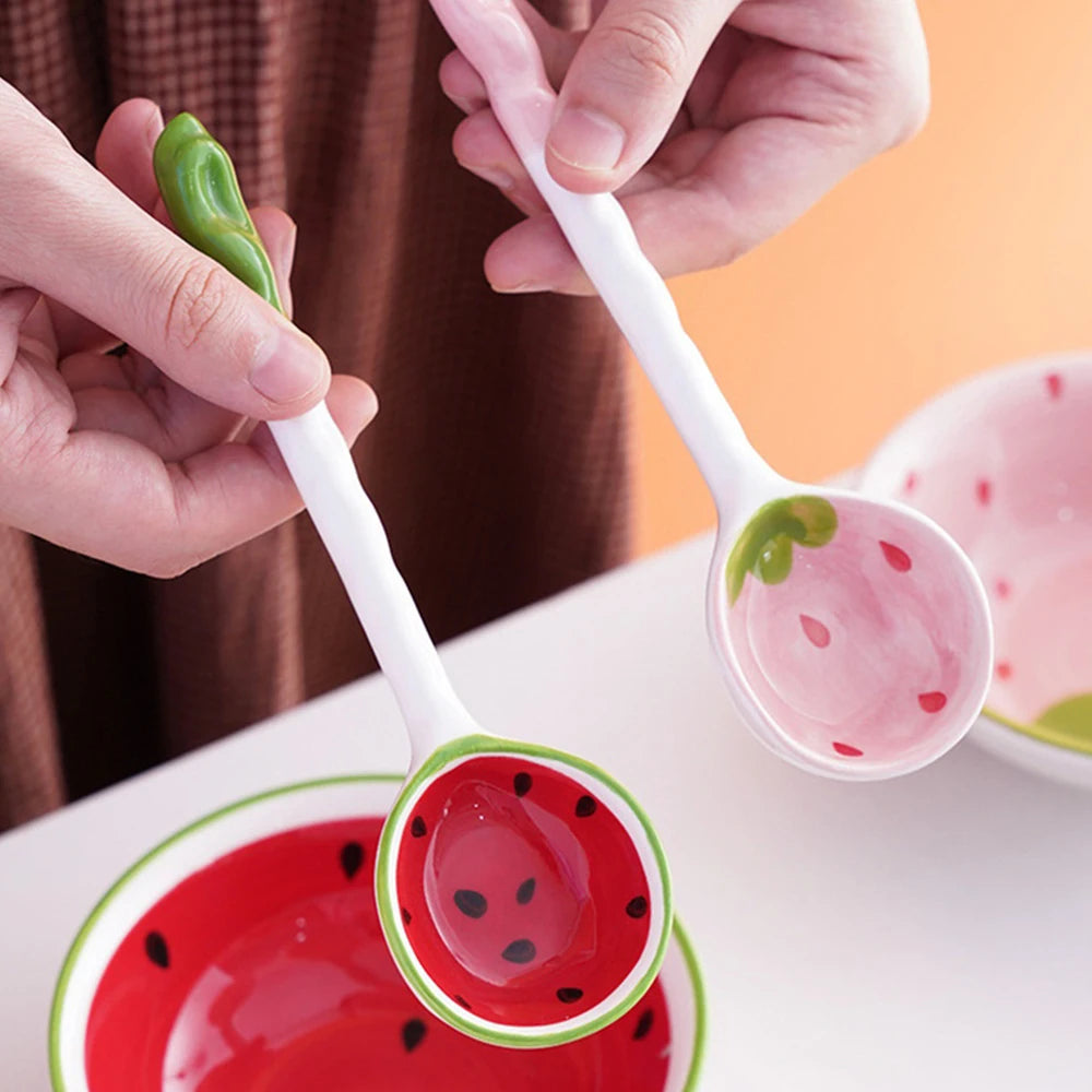 Japanese Ceramic Bowl Watermelon Strawberry Cute Tableware Children Cartoon Long Handle Spoon Rice Bowl Soup Bowl Kitchen Gadget