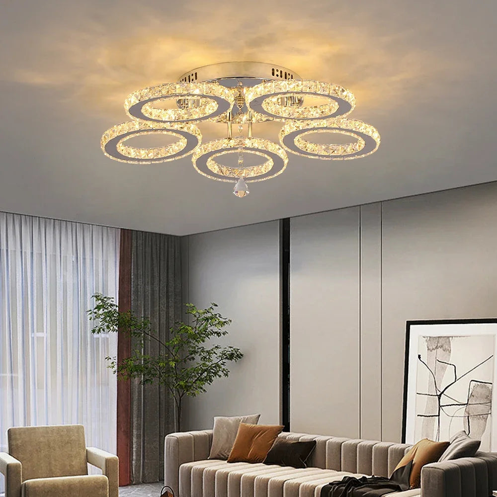 Nirontek Modern Lustres K9 Crystal Chandelier Ceiling Lamps 3 Rings Stainless Steel Hanging Light Fixture Led Pendant Lamp Home Appliance