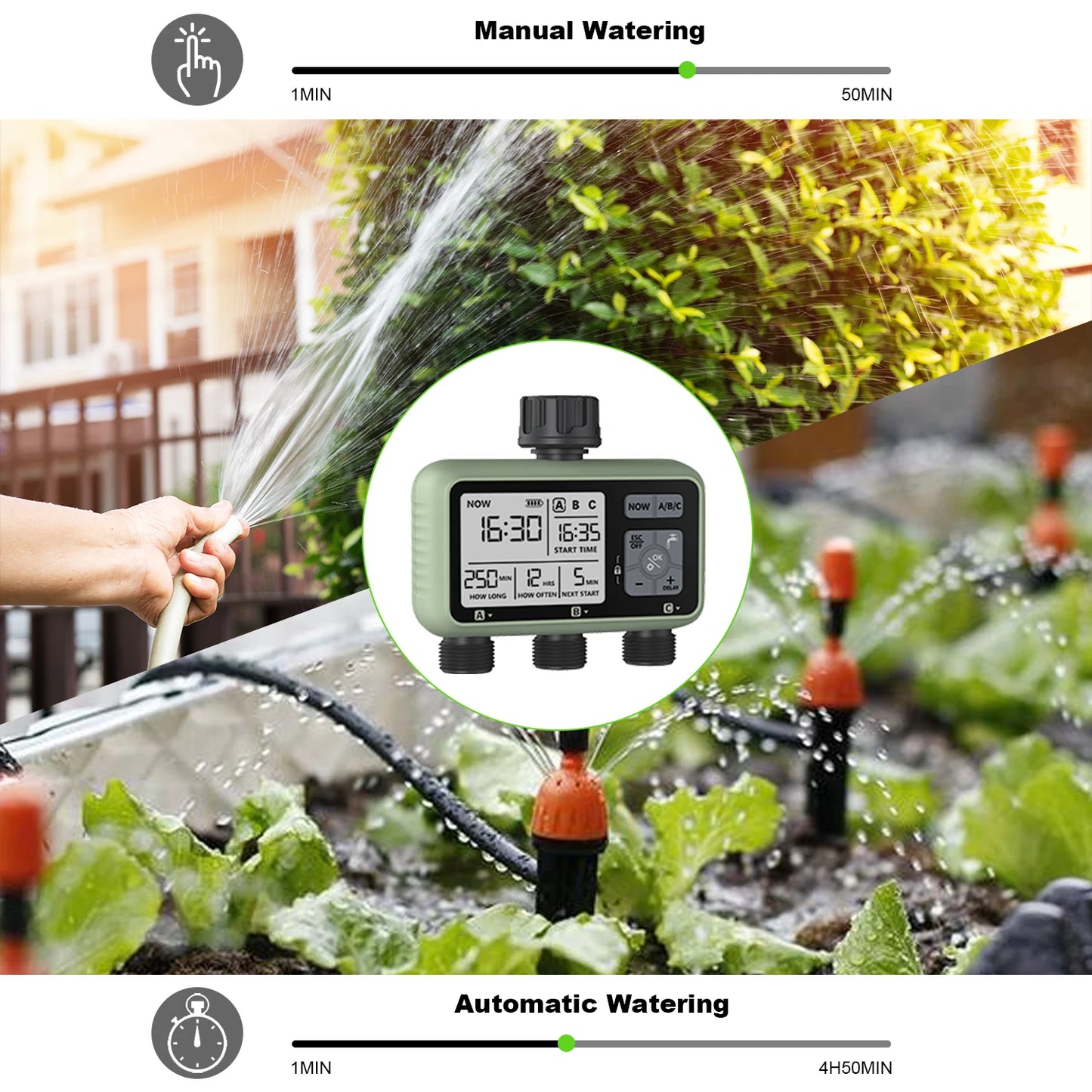 Reswat HCT-378 Newest 2024 3-Outlet Water Timer Independent Control Program Digital Garden Sprinkler