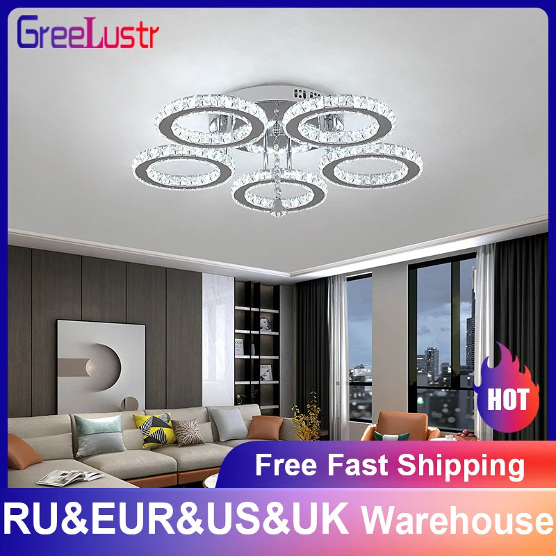 Nirontek Modern Lustres K9 Crystal Chandelier Ceiling Lamps 3 Rings Stainless Steel Hanging Light Fixture Led Pendant Lamp Home Appliance