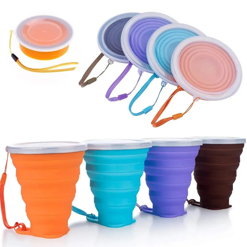 Portable Silicone Retractable Folding Cup Outdoor With Cover Coffee Handcup Camp Picnic Hiking Mini Water Glass Drinkware