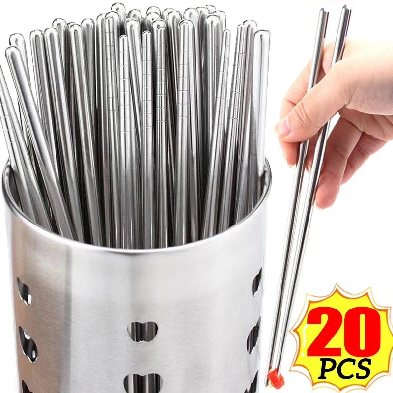 20/2pcs Stainless Steel Chopsticks Household Round Metal Chop Sticks Japanese Sushi Food Stick Kitchen Tableware Cutlery Sets