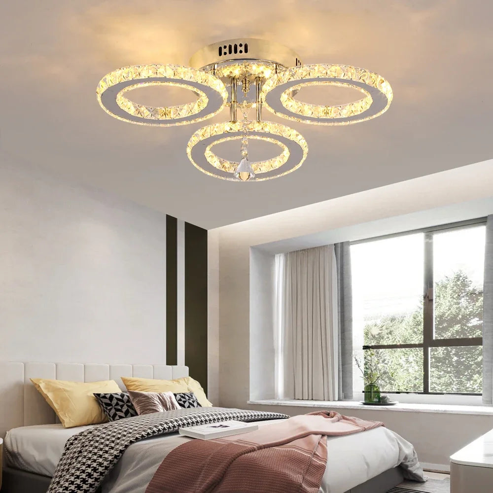 Nirontek Modern Lustres K9 Crystal Chandelier Ceiling Lamps 3 Rings Stainless Steel Hanging Light Fixture Led Pendant Lamp Home Appliance