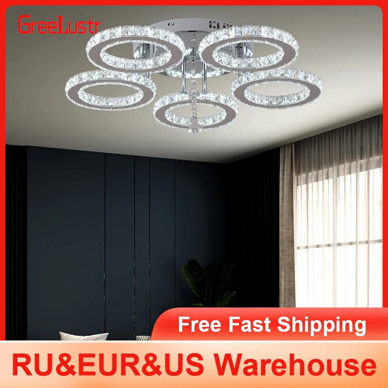 Nirontek 5 Rings Crystal LED Chandelier Ceiling Light Stainless Steel Lustre Cristal