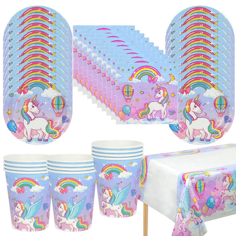 61Pcs/set Rainbow Unicorn Disposable Tableware Paper Plate Cup Tablecloth Girls Unicorn Theme Birthday Party Decoration Supplies