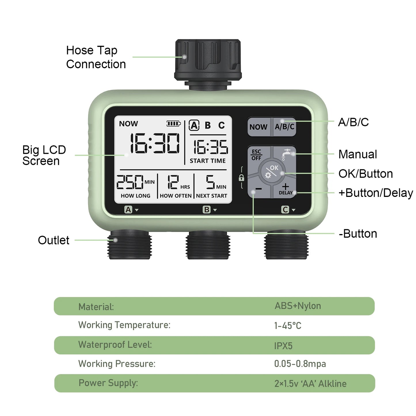 Reswat HCT-378 Newest 2024 3-Outlet Water Timer Independent Control Program Digital Garden Sprinkler