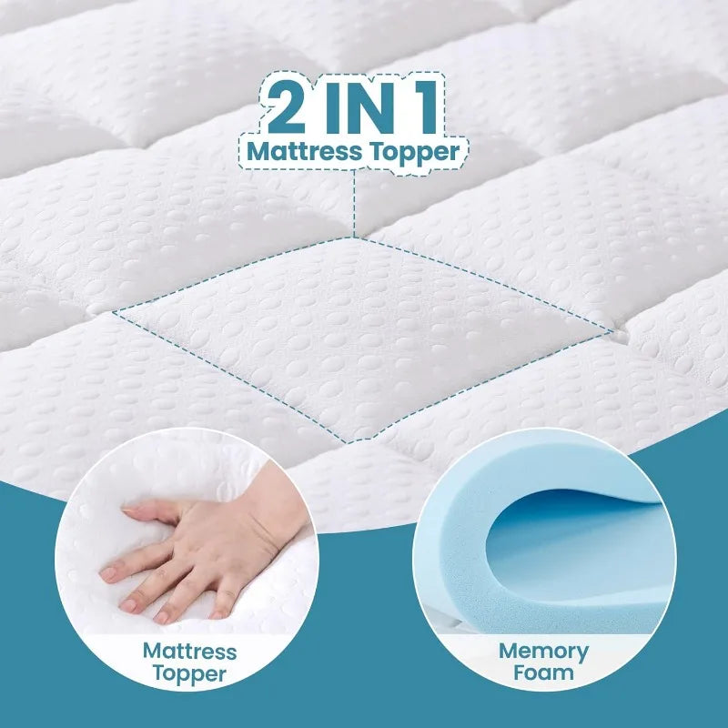 Pillow Top Mattress Topper, 3 Inch Dual Layer Mattress Topper, 2 Inch Gel Memory Foam and 1 Inch Cooling  Mattress Pad Cover