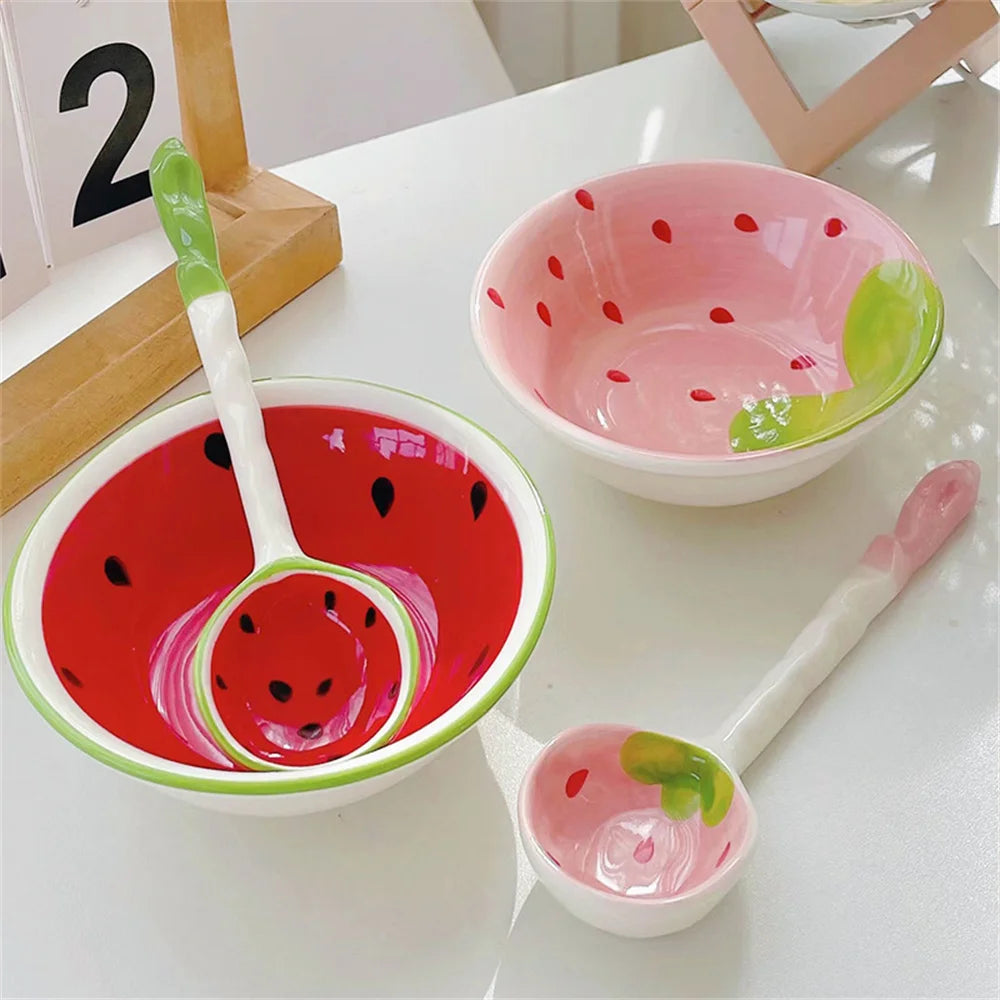 Japanese Ceramic Bowl Watermelon Strawberry Cute Tableware Children Cartoon Long Handle Spoon Rice Bowl Soup Bowl Kitchen Gadget