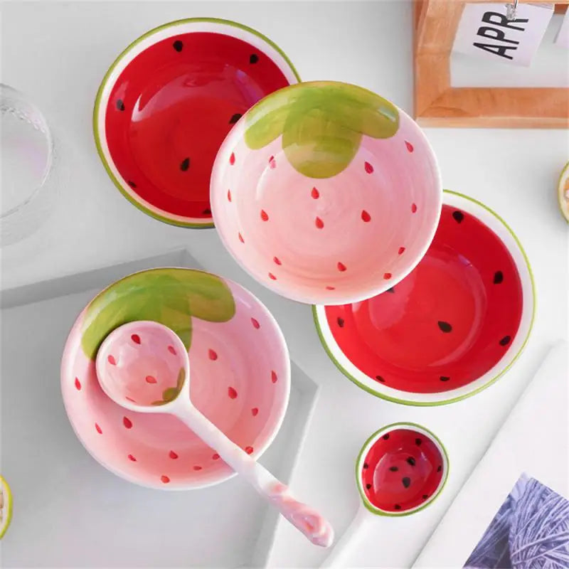 Japanese Ceramic Bowl Watermelon Strawberry Cute Tableware Children Cartoon Long Handle Spoon Rice Bowl Soup Bowl Kitchen Gadget