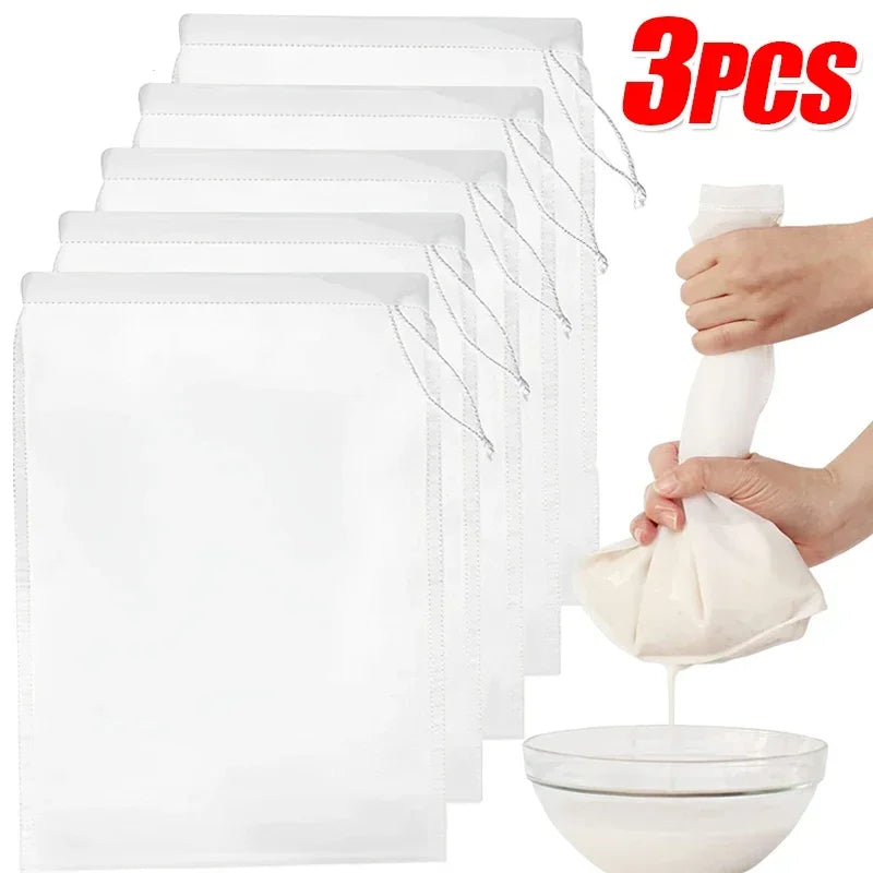 100Mesh Nylon Milk Filter Bags Reusable Soy Yogurt Tea Beer Coffee Oil Food Filter Net Drawstring Kitchen Strainer Bag Colander