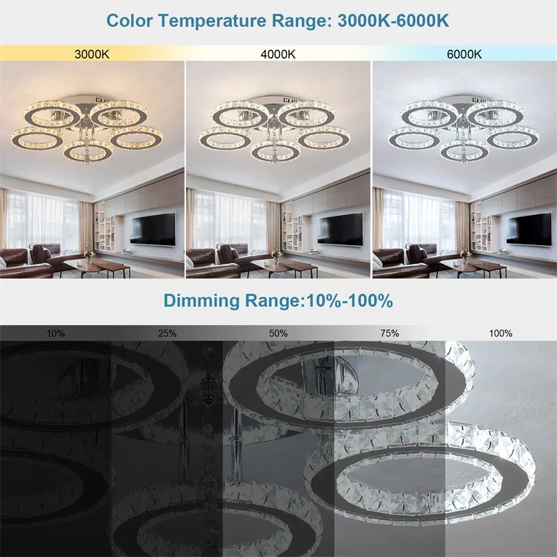 Nirontek 5 Rings Crystal LED Chandelier Ceiling Light Stainless Steel Lustre Cristal