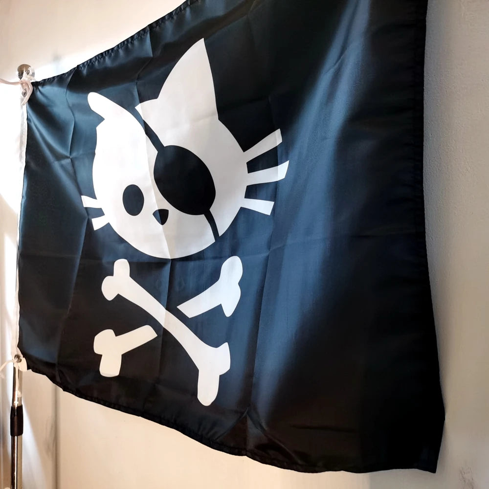 Pirate Cat Skull Flag And Crossbone Flag Banner Indoor Outdoor For Decor 90x150cm Black Polyester