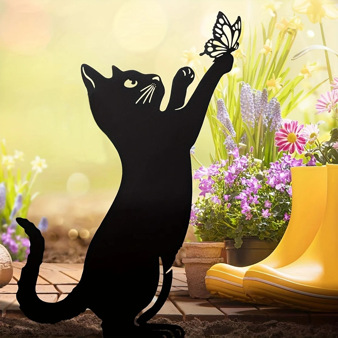 1pc Metal Black Cat Garden Stakes Decoration Cute Cat Garden Decorative Outdoor Statues For Cat Lovers Yard Garden