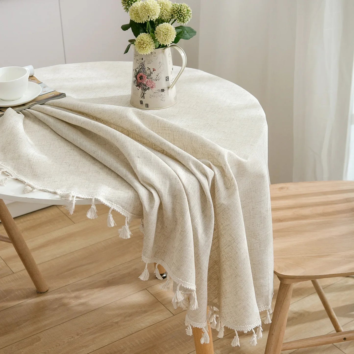 Round Table Household Circular Table Cover Linen Cotton Plain Tablecloth with Tassels Home Party Table Wedding Kitchen Decor