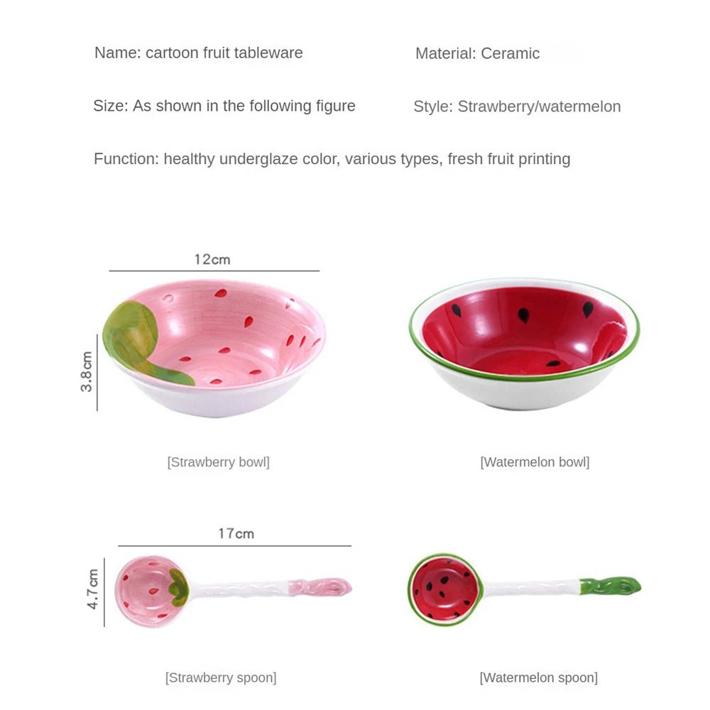 Japanese Ceramic Bowl Watermelon Strawberry Cute Tableware Children Cartoon Long Handle Spoon Rice Bowl Soup Bowl Kitchen Gadget