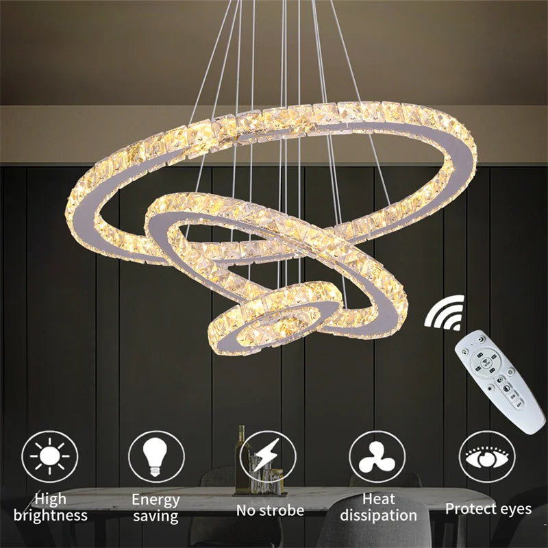 Nirontek Luxury Rings Chandeliers For Dining Room Stainless Steel Modern Home Decor Hanging Lighting K9 Crystal Light Ceiling Chandeliers