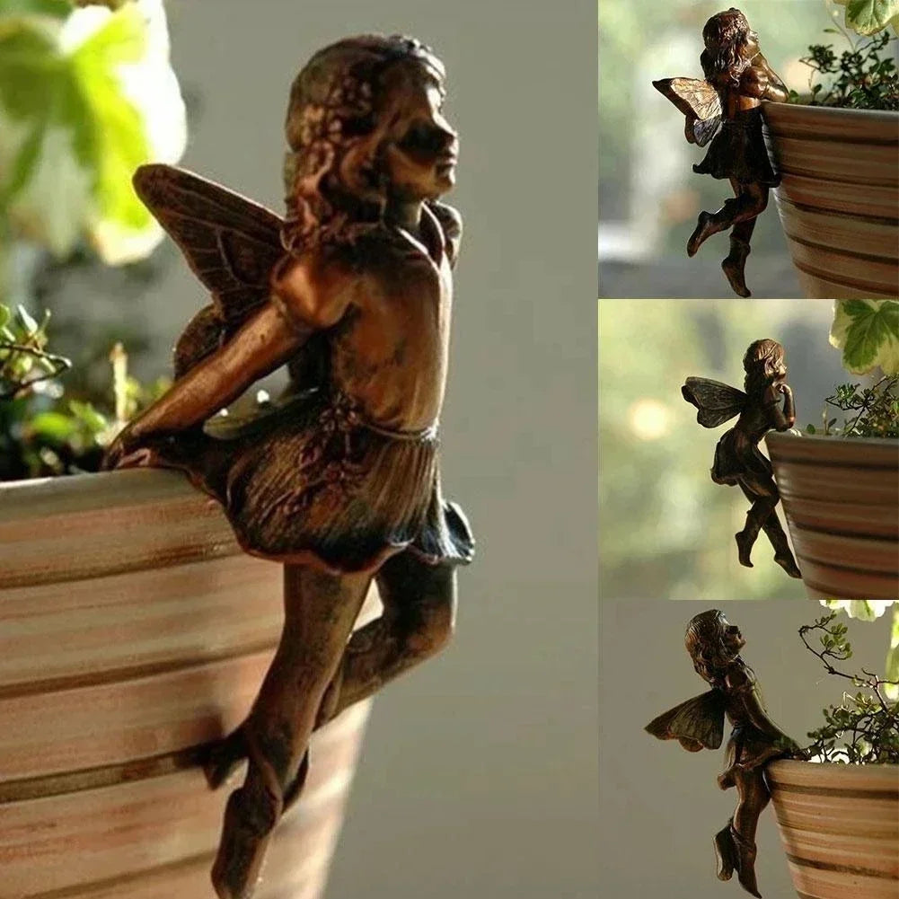 Angel Girl Hanging Cup Resin Fairy Garden Decoration Combination Flower Basket Edge Decor Home Statues Design Accessories