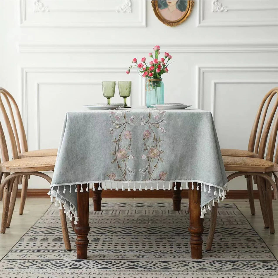 Embroidery Anglicanum Tassel Tablecloth, Cotton Linen Dust Proof Table Cover, for Kitchen Dining Room,Home Party Tabletop Decor