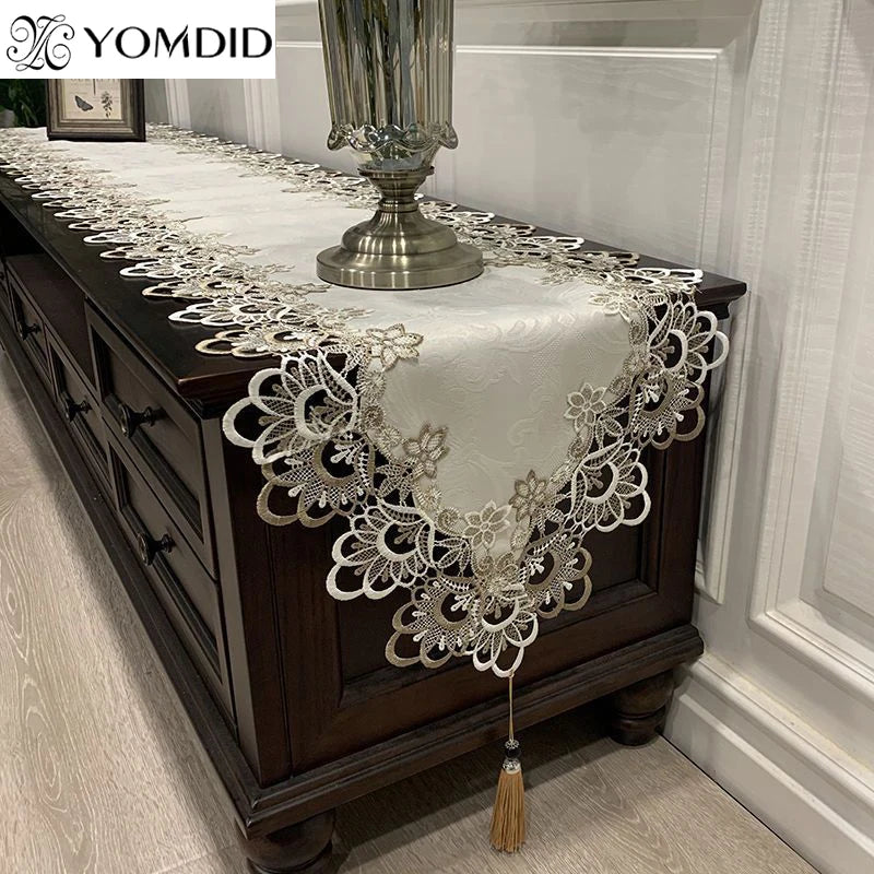 YOMDID Oval Lace Table Runner Embroidered Cabinet Tablecloth Lace Pendant Tassel Dresser Table Flag Dust Cover Manteles De Mesa