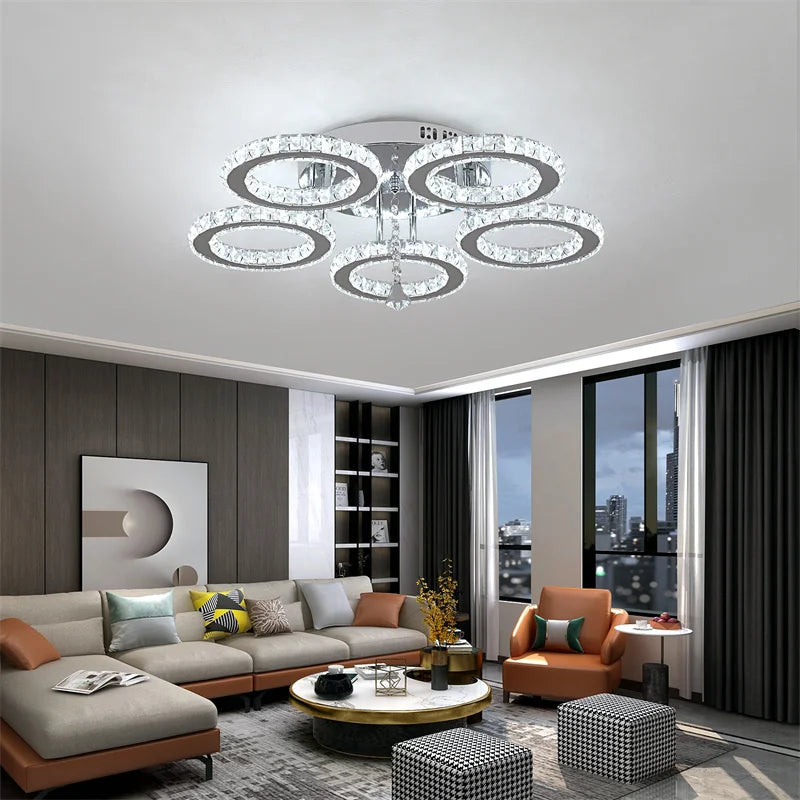 Nirontek 5 Rings Crystal LED Chandelier Ceiling Light Stainless Steel Lustre Cristal