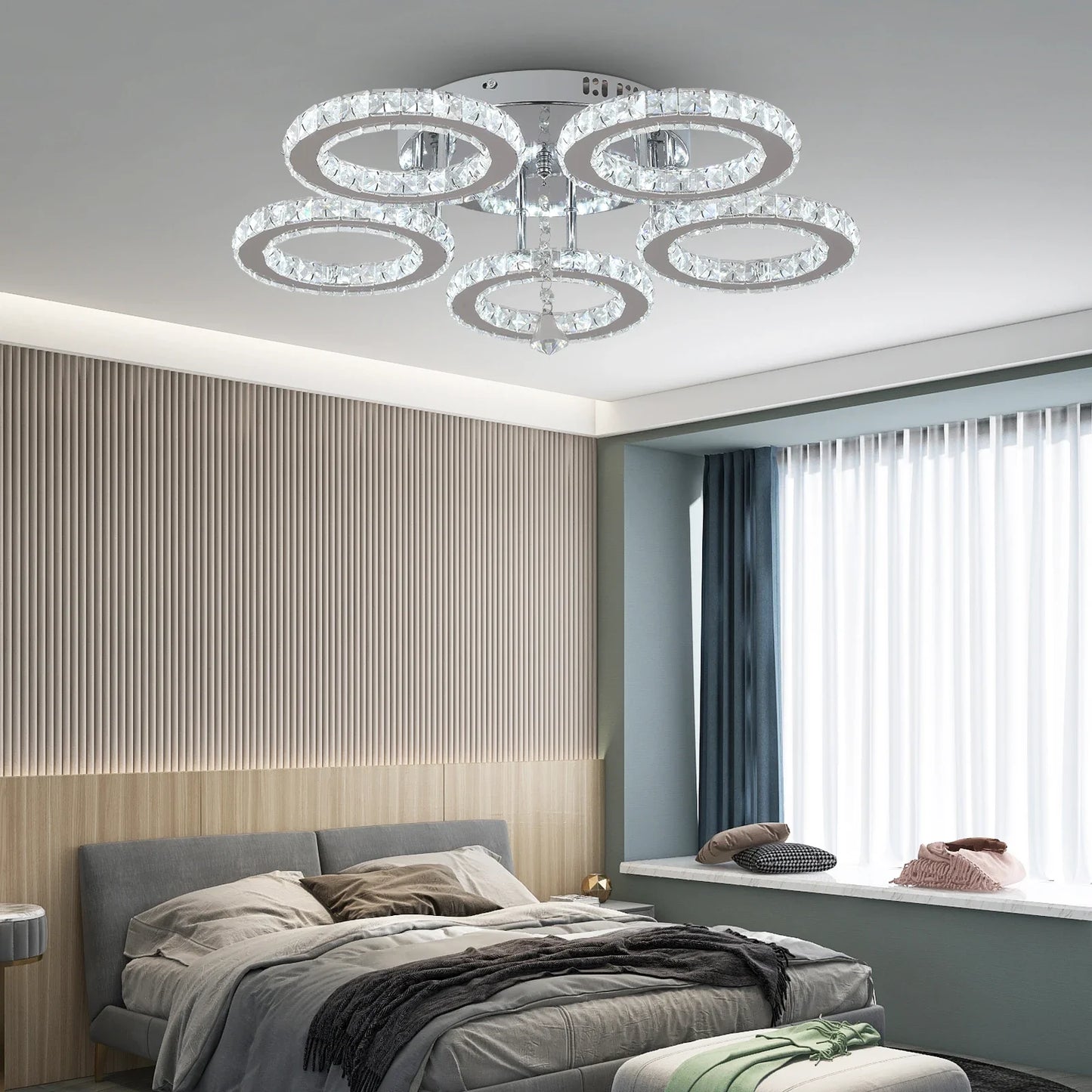 Nirontek Modern Lustres K9 Crystal Chandelier Ceiling Lamps 3 Rings Stainless Steel Hanging Light Fixture Led Pendant Lamp Home Appliance