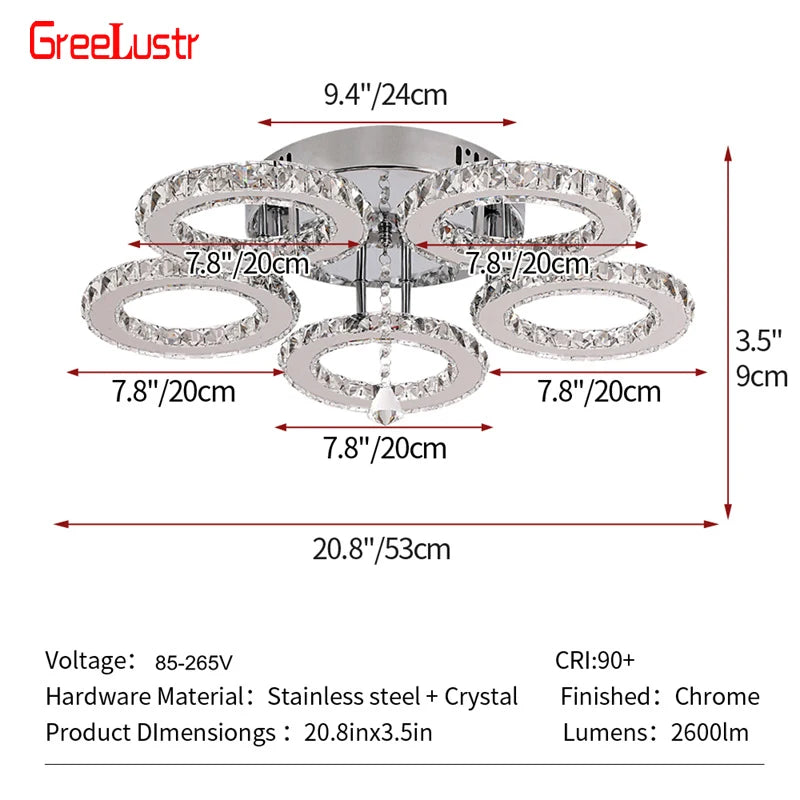 Nirontek 5 Rings Crystal LED Chandelier Ceiling Light Stainless Steel Lustre Cristal