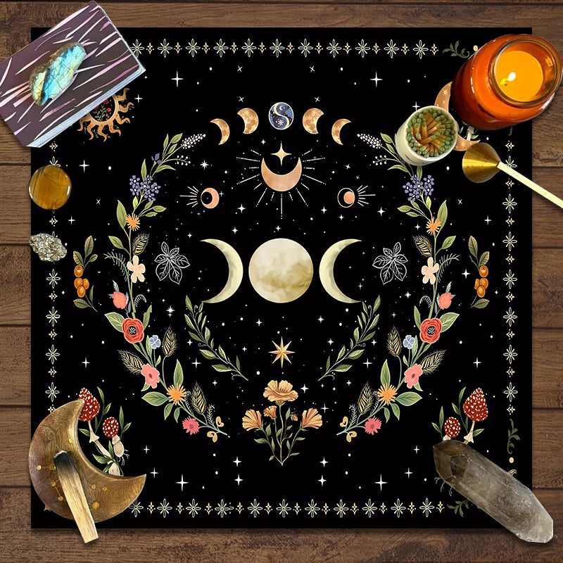 Triple Moon Floral Botanical Tarot Cloth Alter Tarot Table Cloth Wiccan Spread Top Cloth Spiritual Witchery Table for Divination