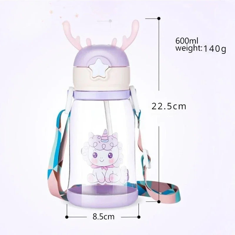 600ml Antler Sippy Cup Kawaii Water Bottle with Straw Portable Kids Leakproof Jug Outdoor Sports Bottles Children's Drinkware