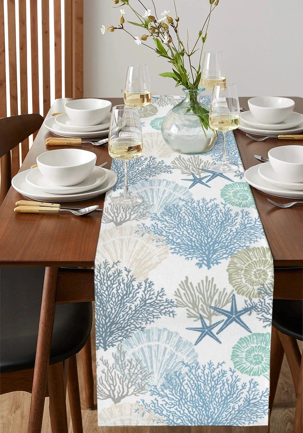 Blue Marine Coral Shells Starfish Linen Table Runner for Wedding Decoration Modern Dining Table Runners Kitchen Table Decor