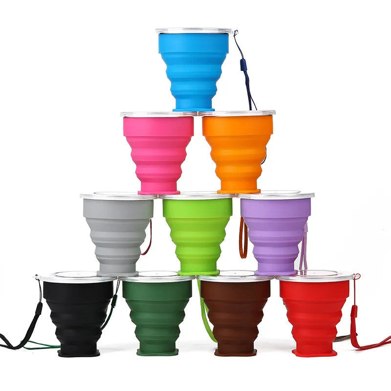 Portable Silicone Retractable Folding Cup Outdoor With Cover Coffee Handcup Camp Picnic Hiking Mini Water Glass Drinkware