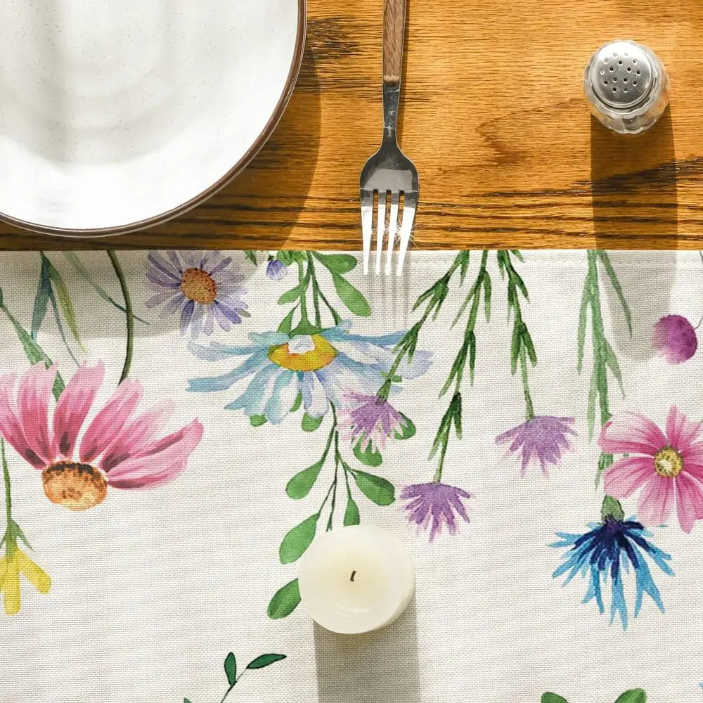 Daisy Eucalyptus Lavender Floral Leaves Summer Linen Table Runner Spring Kitchen Dining Table Decor Holiday Wedding Party Decor