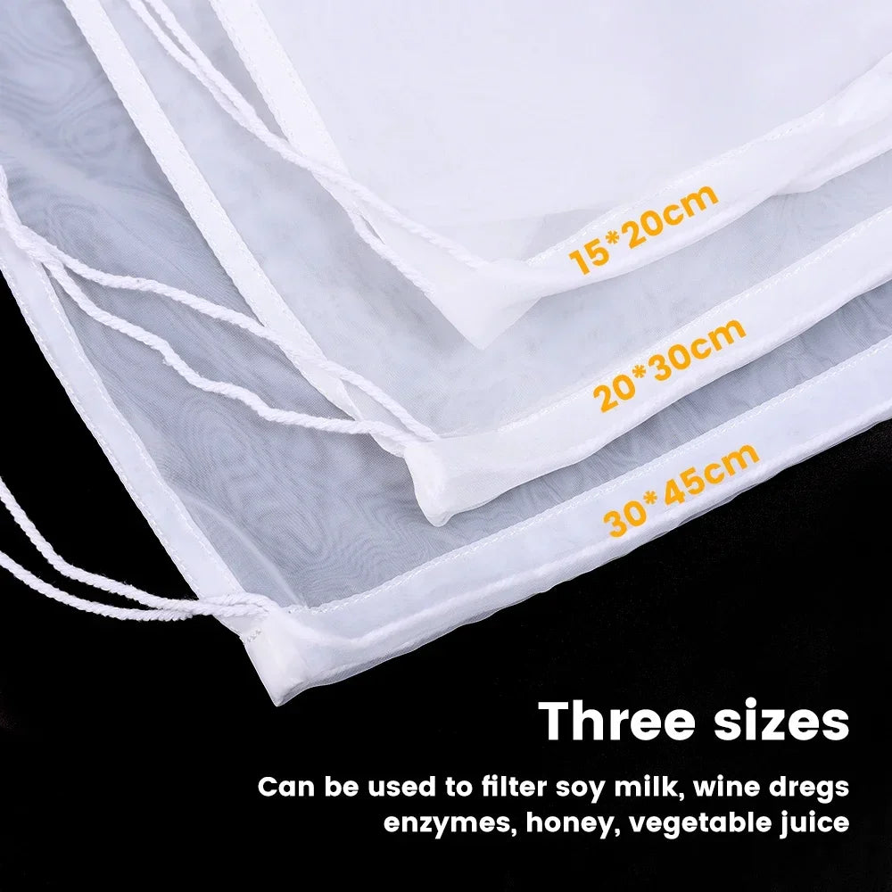 100Mesh Nylon Milk Filter Bags Reusable Soy Yogurt Tea Beer Coffee Oil Food Filter Net Drawstring Kitchen Strainer Bag Colander