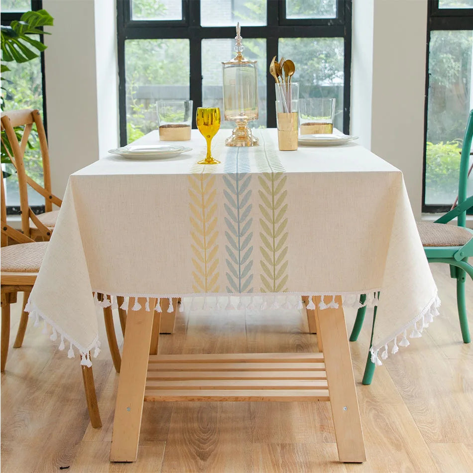 Embroidery Anglicanum Tassel Tablecloth, Cotton Linen Dust Proof Table Cover, for Kitchen Dining Room,Home Party Tabletop Decor