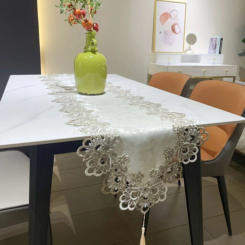 YOMDID Oval Lace Table Runner Embroidered Cabinet Tablecloth Lace Pendant Tassel Dresser Table Flag Dust Cover Manteles De Mesa