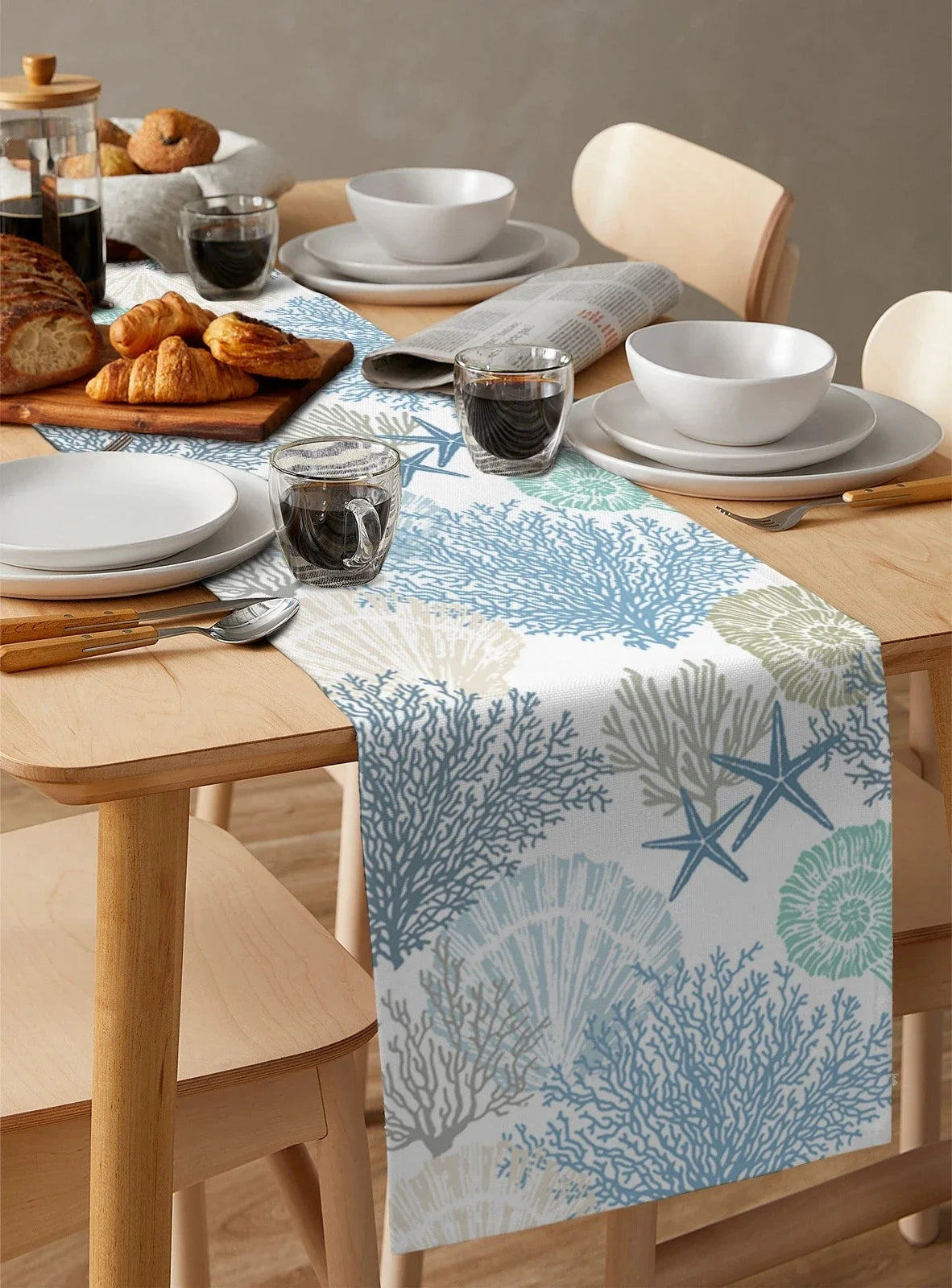 Blue Marine Coral Shells Starfish Linen Table Runner for Wedding Decoration Modern Dining Table Runners Kitchen Table Decor