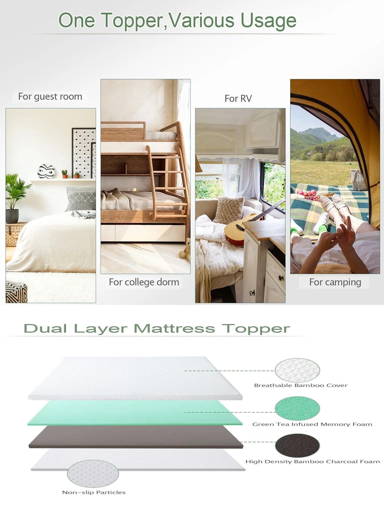 Mattress Topper with Bamboo Cover, 2 Inch Dual Layer Memory Foam Mattress Topper, Medium Firm Topper