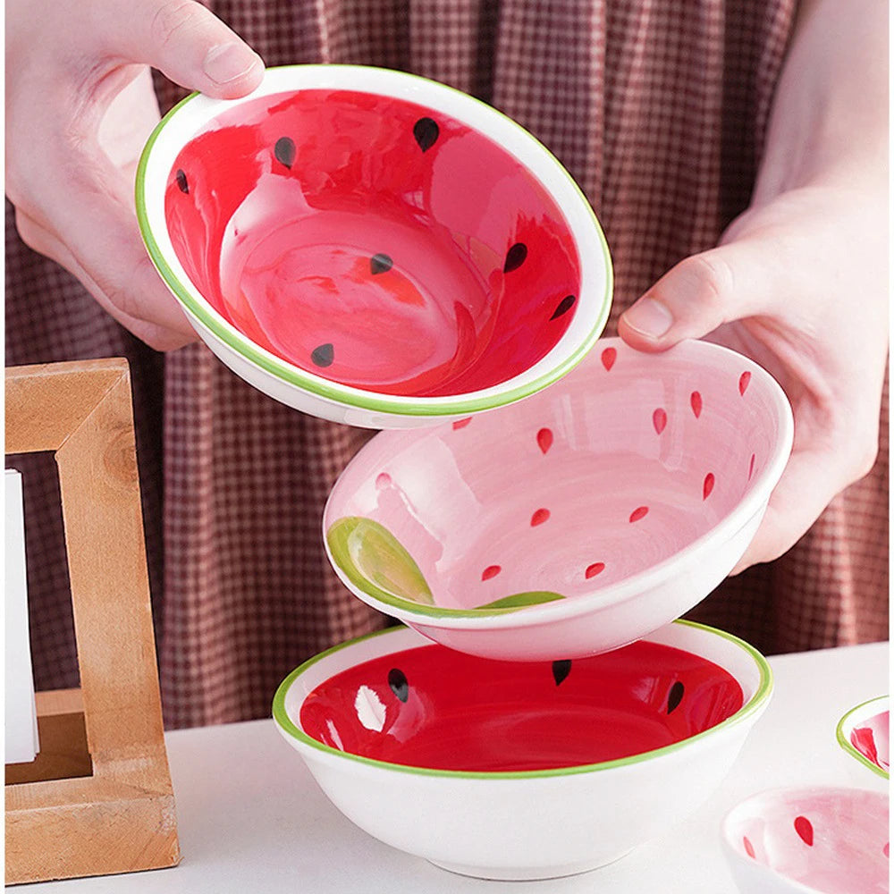 Japanese Ceramic Bowl Watermelon Strawberry Cute Tableware Children Cartoon Long Handle Spoon Rice Bowl Soup Bowl Kitchen Gadget