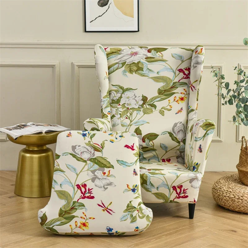 Floral Printed Wing Chair Cover Stretch Spandex Armchair Covers Nordic Removable Relax Sofa Slipcovers With Seat Cushion Covers