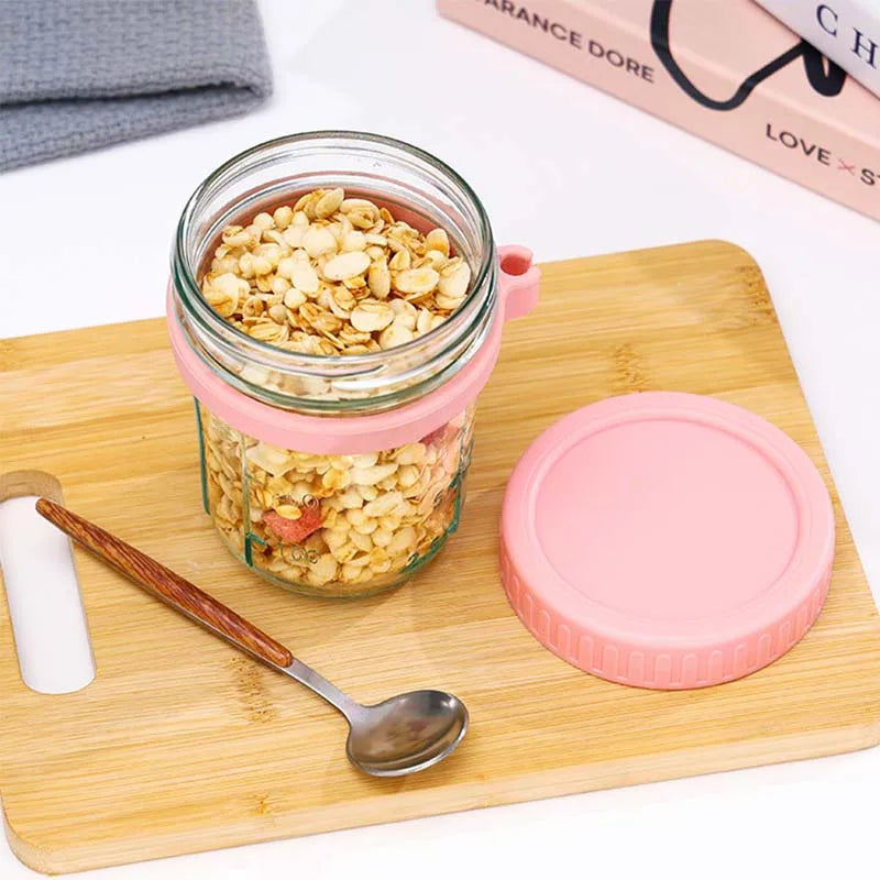 Overnight Oats Container with Lid and Spoon Portable Breakfast Oatmeal Cereal Nut Yogurt Cup 300ML Fruit Salad Food Storage Box