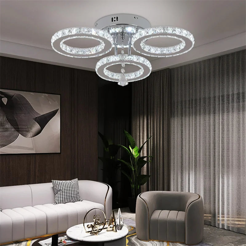 Nirontek 5 Rings Crystal LED Chandelier Ceiling Light Stainless Steel Lustre Cristal