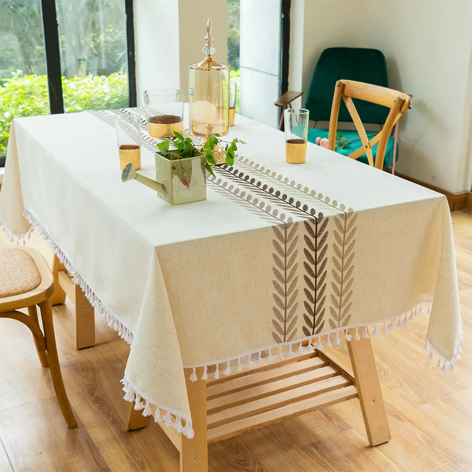 Embroidery Anglicanum Tassel Tablecloth, Cotton Linen Dust Proof Table Cover, for Kitchen Dining Room,Home Party Tabletop Decor