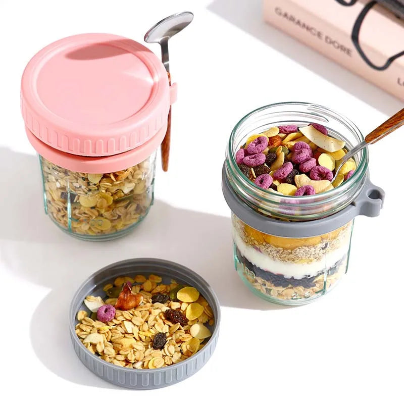 Overnight Oats Container with Lid and Spoon Portable Breakfast Oatmeal Cereal Nut Yogurt Cup 300ML Fruit Salad Food Storage Box