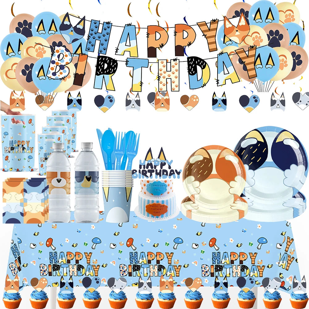 Blueys Disposable Tableware Blue Dog Birthday Party Decorations Supplies Cups Napkins Tablecloth Plates Balloon Sticker for Kids