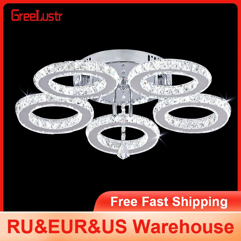 Nirontek 5 Rings Crystal LED Chandelier Ceiling Light Stainless Steel Lustre Cristal