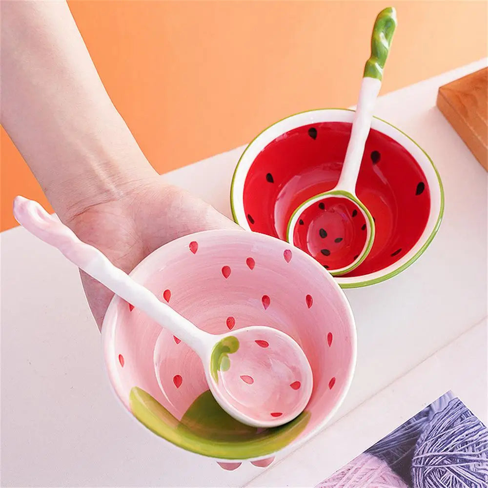 Japanese Ceramic Bowl Watermelon Strawberry Cute Tableware Children Cartoon Long Handle Spoon Rice Bowl Soup Bowl Kitchen Gadget